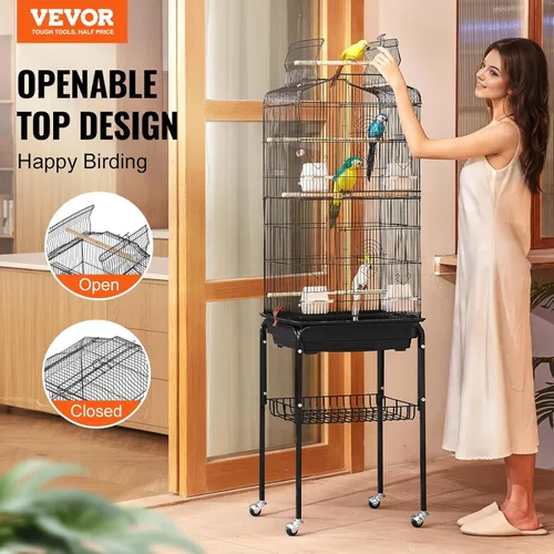 Miniatura 2 de VEVOR Jaula grande para loros de 64 pulgadas con tapa abierta y soporte rodante desmontable para periquitos, pinzones, canarios, agapornis