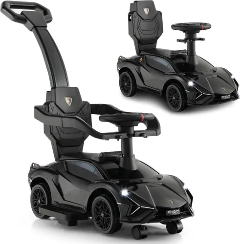 INFANS 3 en 1 Coche de Paseo para Empujar, Silla de Paseo Licenciada Lamborghini para Bebés con Coche de Paseo Deslizante, Bocina, Música, USB, Negro