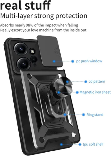 Miniatura 5 de CCSmall Funda para Xiaomi Redmi Note 12 4G con cubierta de cámara deslizante, funda protectora de grado militar para teléfono con soporte de anillo