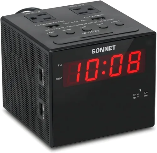 Sonnet Estación de carga de reloj despertador, radio AM FM, puertos de carga USB duales, salidas de CA duales, reloj despertador muy fuerte para