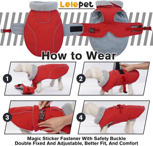 Miniatura 6 de Lelepet Abrigo cálido para perros – Chaleco reflectante impermeable de vellón con hebilla ajustable de gancho y bucle, chaqueta de invierno Rojo