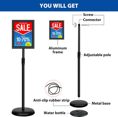 Miniatura 7 de Paquete de 2 soportes de cartel de pedestal ajustables de 8.5 x 11 pulgadas, soporte de aluminio resistente para letrero de pie para letrero de Negro