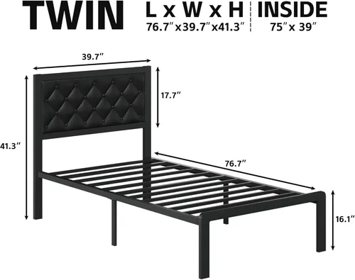 Miniatura 2 de Fluest Base de cama individual con cabecero, tapizada en cuero PU, marco de plataforma con soporte de listones metálicos, con espacio de Negro