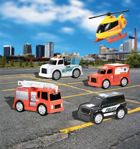 Miniatura 5 de Sunny Days Entertainment Vehículos Micro Mini City - Juego de autos y camiones de juguete de rescate para niños Camión de bomberos helicóptero