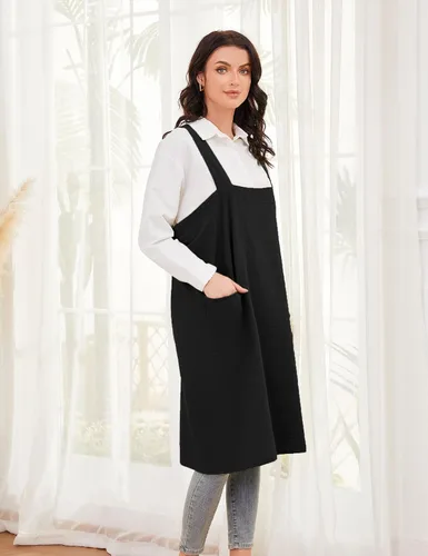 Miniatura 4 de Schine Pinafore de algodón con espalda cruzada para mujer, con bolsillos grandes, prácticos delantales para trabajos de jardinería, cocina, Negro
