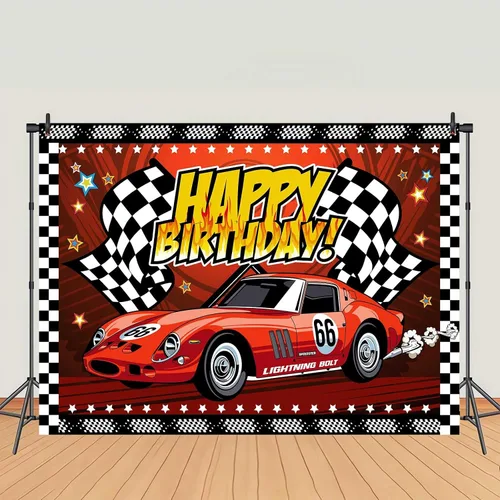 Miniatura 4 de Telón de fondo de feliz cumpleaños de 7 x 5 pies, cartel de fiesta de coche de carreras, pista de carreras, fondo de fotos a cuadros negros