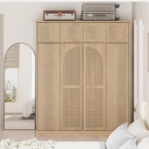 Miniatura 6 de Armario grande de 4 puertas con puertas de ratán, armario de madera independiente de 70.87 pulgadas de alto con barra para colgar y estantes