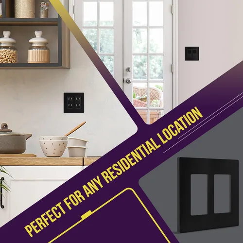 Miniatura 4 de ENERLITES Placa de pared decorativa sin tornillos, cubierta de tomacorriente segura para niños, tamaño 2-Gang 4.68" H x 4.73" L, policarbonato Negro