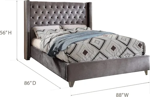 Miniatura 3 de Meridian Furniture – Cama con respaldo de terciopelo abotonado, Aiden-Q-Aiden, con recortes cromados con forma de cabezal de clavos y patas Gris
