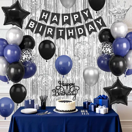 Miniatura 4 de Decoraciones de cumpleaños azul marino y negro para hombres, globo de confeti negro y azul con pancarta de "Happy Birthday", cortinas con flecos