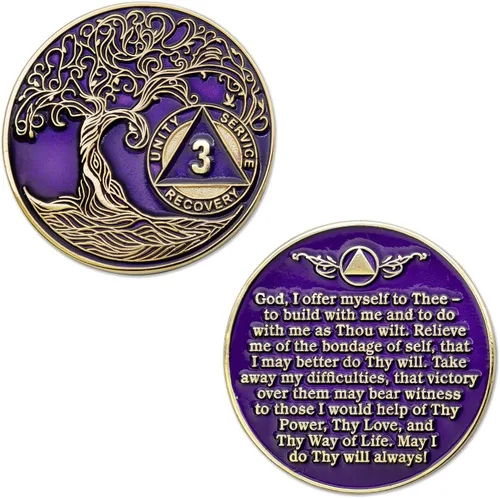 Miniatura 3 de Medallón AA de 3 años – Árbol de la Vida trenzado chapado en oro AA Chip de recuperación – morado Púrpura