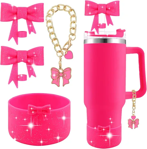 Miniatura 9 de Conjunto de accesorios para taza Hpebl para Stanley, incluye 2 tapas de pajita con moño lindo de 10 mm, tapones reutilizables para pajita, 1 funda