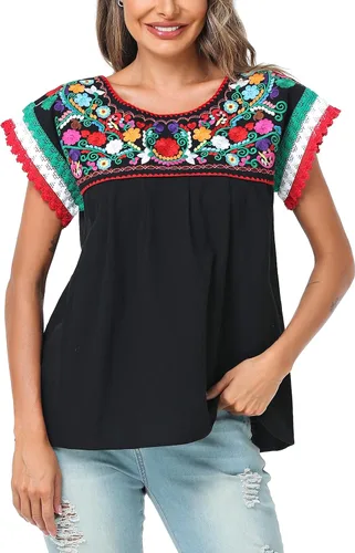 Miniatura 2 de YZXDORWJ Blusa tradicional colorida con encaje bordado mexicano para mujer, camiseta tricolor para el día de la independencia mexicana
