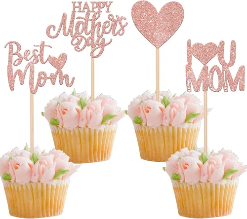 Miniatura 21 de Rsstarxi 1 paquete de decoración para pastel con flores de purpurina con doble corazón Love Mom Best Mom Best Mom Cake Pick Decoraciones para feliz