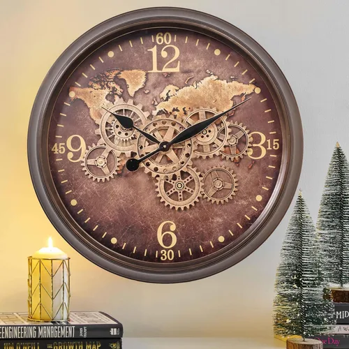 CLXEAST Reloj de pared grande de 24 pulgadas con engranajes móviles, relojes industriales con esfera de mapa del mundo, reloj de pared fresco de