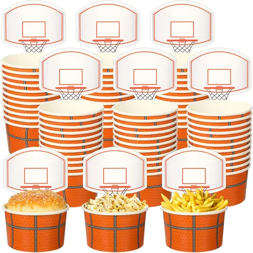 Miniatura 8 de Sunnyray 48 juegos de tazas de baloncesto con tarjetas de 8 onzas desechables de papel de baloncesto para fiestas, pelotas deportivas, cuencos