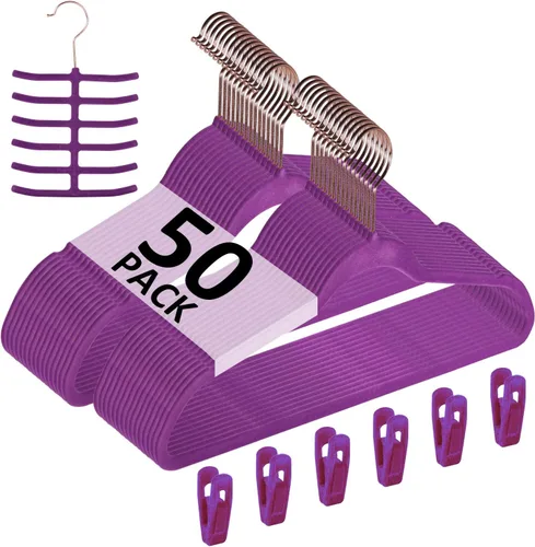 Miniatura 32 de VECELO Perchas de terciopelo de alta calidad resistentes (paquete de 60), antideslizantes y ahorran espacio con 8 clips para los dedos y soporte