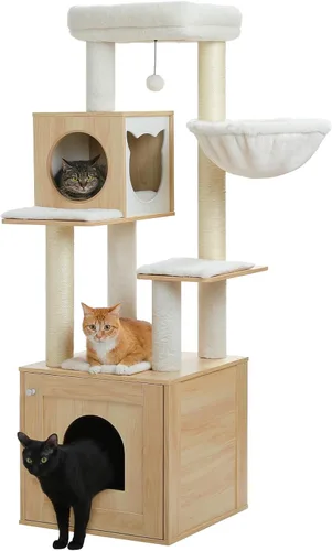 Miniatura 8 de PETEPELA Árbol para gatos de 56.7 pulgadas con caja de arena, torre grande de madera para gatos de interior con armario de almacenamiento y acogedor