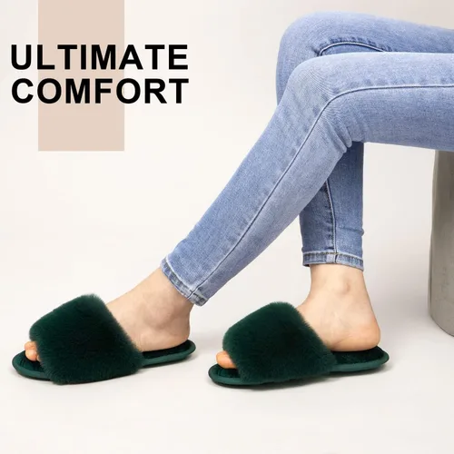 Miniatura 2 de LongBay Pantuflas de espuma viscoelástica de piel sintética para mujer, cómodas y planas, con puntera abierta, cómodas sandalias de casa