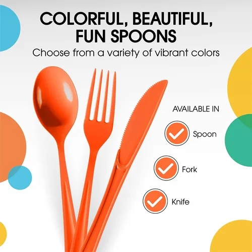 Miniatura 8 de Exquisite Cucharas de plástico naranja, 50 piezas, cucharas naranjas, utensilios desechables, juego de cubiertos de plástico resistente