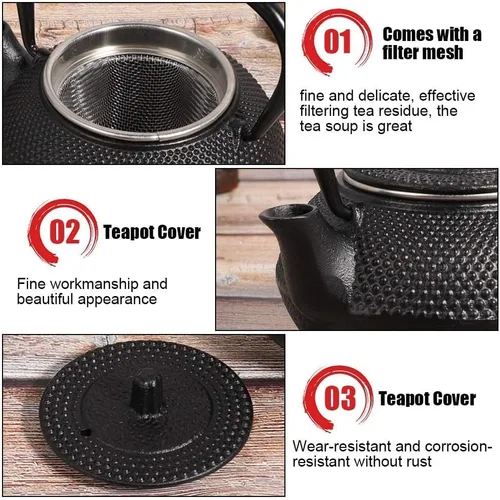 Miniatura 4 de Tetera de hierro fundido 0.3L para uso doméstico con colador, caldera de té de estilo japonés para té de hojas sueltas, tetera pequeña para casa
