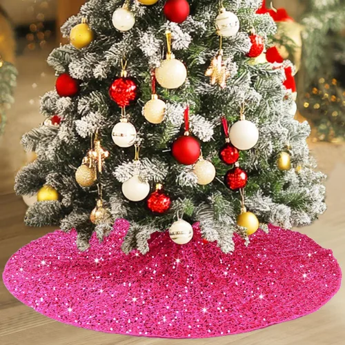 Falda de árbol de lentejuelas rosa intenso brillante Falda de árbol de Navidad de 21 pulgadas con lentejuelas bordadas y brillantes, tela de