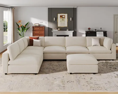 Miniatura 23 de VANOMi Sofá modular, cómodo sofá con marco de madera maciza de 3 asientos, sofá moderno certificado FSC para sala de estar, beige