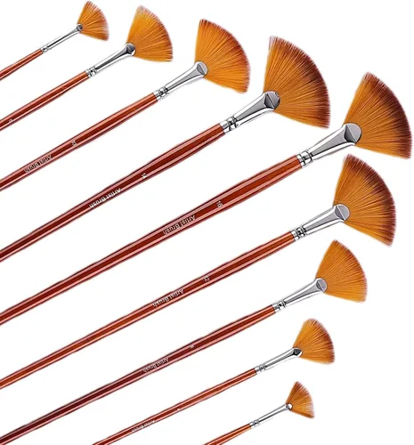 GACDR Juego de 9 pinceles de pintura de abanico para artistas profesionales, juego de pinceles acrílicos con asas largas de madera, pelo de nailon