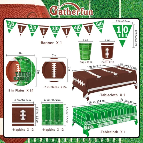 Miniatura 2 de Gatherfun kit de suministros para fiesta de fútbol, para 24 comensales, incluye platos para cena, servilletas para postre, vasos, pancarta y mantel