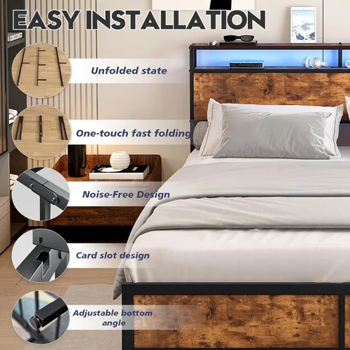 Miniatura 8 de Base de cama Queen con luces LED, cabecera de almacenamiento industrial con estación de carga y puerto USB, marco de cama industrial moderno
