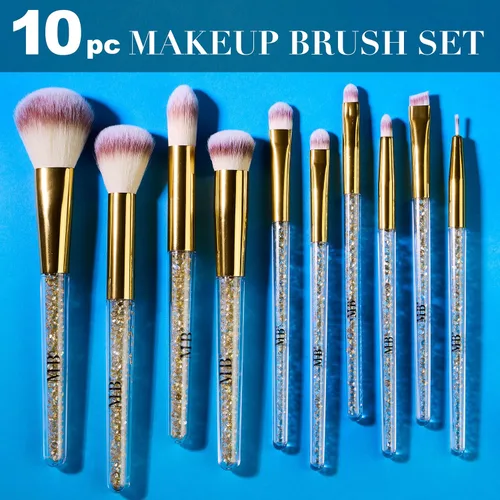 Miniatura 2 de Juego de 10 brochas de maquillaje profesionales con piedras preciosas brillantes doradas, cepillos profesionales de cerdas suaves para uso diario