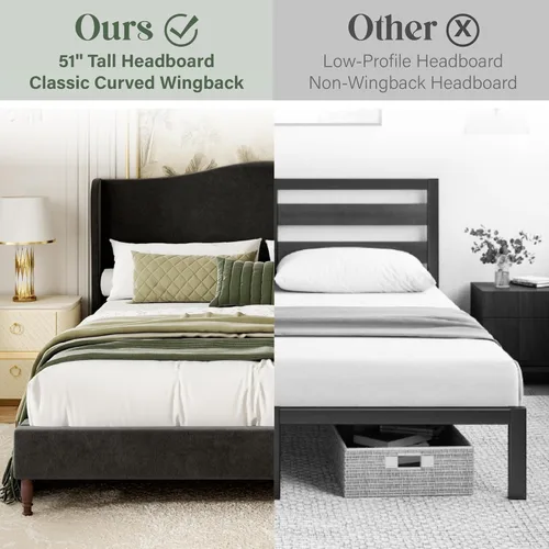 Miniatura 3 de Base de cama tapizada tamaño Queen, cabecera de tela de felpilla de 51 pulgadas de alto con diseño clásico de respaldo curvado de alas, patas
