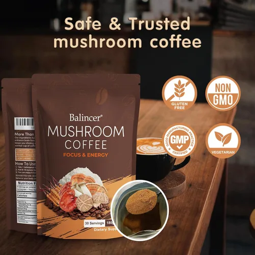 Miniatura 6 de Café de hongos, 6 hongos adaptogénicos con melena de león, cordyceps, cola de pavo y más, café instantáneo de hongos para concentración, energía