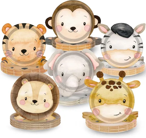 Naozinebi 60 platos de fiesta de animales de la selva, platos de papel con forma de animales de safari, zoológico, selva, desechables, decoraciones