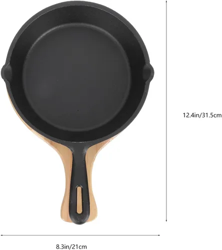 Miniatura 2 de Unomor Sartén antiadherente de hierro fundido grueso con base de madera, sartén de cocina doméstica para huevos, panqueques, distribución uniforme