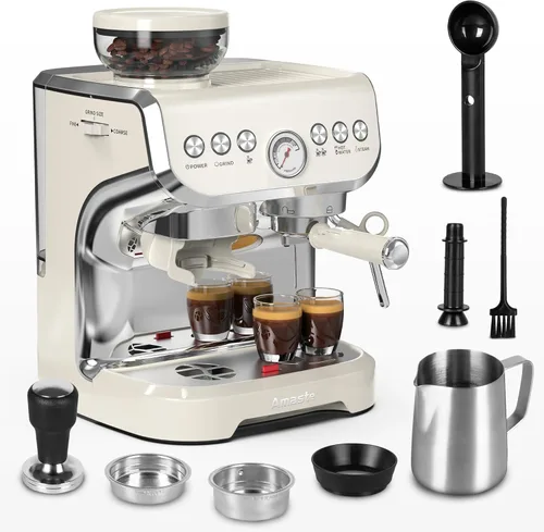 Miniatura 10 de Amaste Máquina de café expreso con molinillo, máquina de café expreso de 15 Bar con varilla de vapor para Latte y capuchino, tanque de agua de 68