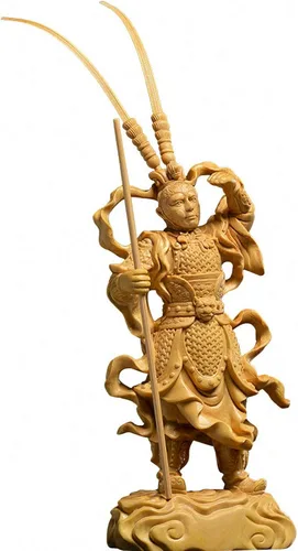 Miniatura 7 de Estatua de rey mono Wukong tallada en madera de boj natural (chapado en oro)
