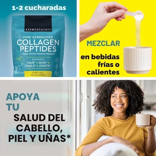 Miniatura 6 de Viva Naturals Polvo de péptidos de colágeno – Bovino hidrolizado alimentado con pasto, tipo I y III, 0.49 oz de proteína, sin sabor, fácil