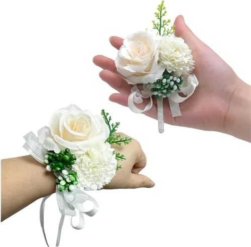 Miniatura 5 de Rikyo Juego de 2 ramilletes de muñeca de flores de rosas y flores de seda para novia y novio, decoración de pasteles y fiestas (verde negruzco)