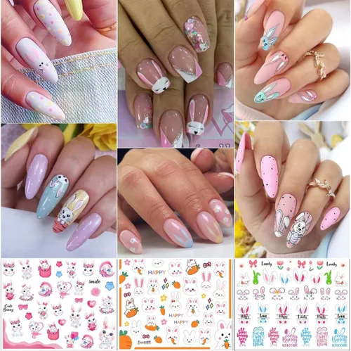 Miniatura 3 de 8 hojas de calcomanías de arte de uñas de conejo de Pascua, 3D, autoadhesivas, accesorios de arte de uñas, caricaturas, conejos, animales
