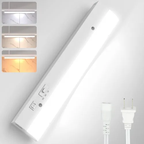 PESUTEN Iluminación LED para debajo del gabinete para cocina, enchufable, luz regulable debajo del gabinete, 3 colores, 3000 K/4000 K/5000 K para