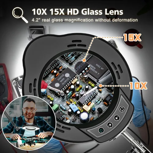 Miniatura 2 de Lupa con luz y abrazadera, lámpara de aumento de escritorio de 15X 10X, lupa de lente de cristal real de 84 LED, 5 modos de color regulable sin