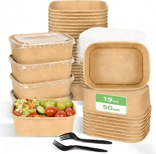 Paquete de 50 recipientes desechables para preparación de comidas, cuencos de papel grandes desechables de 19 onzas con tapas y tenedores para