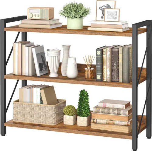 Miniatura 9 de HOOBRO Estantería, Librero Industrial de 3 Niveles, Estante de Libros Organizador de Almacenamiento, Estantería Pequeña con Marco de Metal para Sala