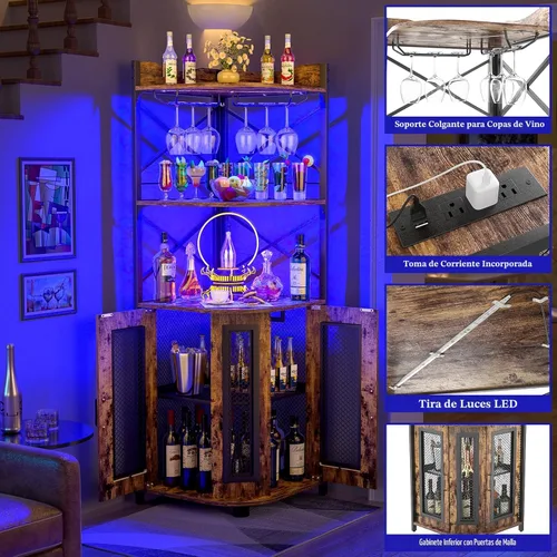 Miniatura 5 de Aheaplus Mueble Bar de Esquina con Toma de Corriente, Gabinete Industrial para Vino con Tira LED y Portavasos, Gabinete de Licores de 5 Niveles