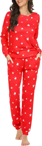 Ekouaer Conjunto de pijama de manga larga para mujer, ropa de dormir suave con cuello redondo y bolsillos