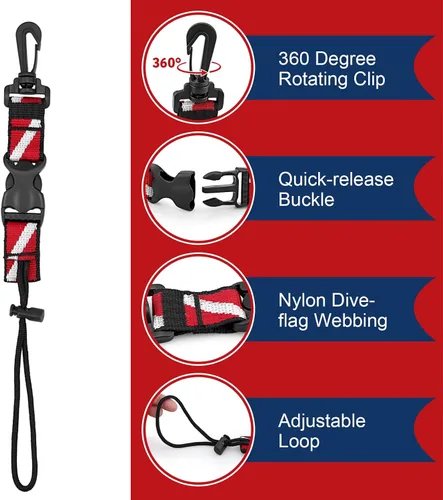 Miniatura 4 de Paquete de 2 clips de cordón de buceo, correa resistente de liberación rápida antipérdida con lazo ajustable y banda de banda de banda de buceo