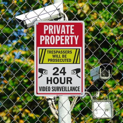 Miniatura 3 de SmartSign Letrero metálico de 18 x 12 pulgadas con texto en inglés "Private Property - Trespassers Will Be Prosecuted", video vigilancia las 24