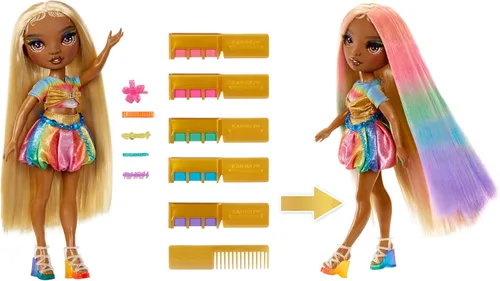 Miniatura 2 de Tiza para cabello y estilo Meline de Rainbow High – Muñeca de 11" arcoíris y dorada. Tiza para cabello lavable de arcoíris, color, estilo, juego