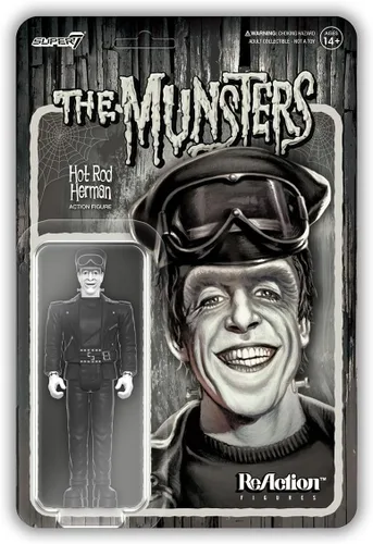 Super7 Figura de reacción de The Munsters Hot Rod Herman (escala de grises), figura de acción de los Munsters de 3.75 pulgadas, coleccionables